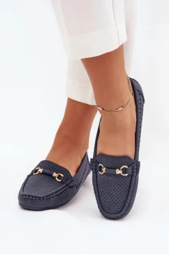 Hot Boto Mokasyny Damskie Ażurowe Z Ozdobą Granatowe Kaydance Niebieski