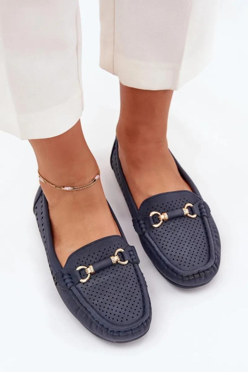 Hot Boto Mokasyny Damskie Ażurowe Z Ozdobą Granatowe Kaydance Niebieski