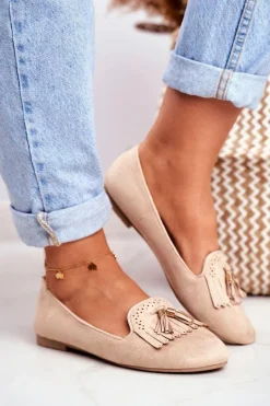 New Boto Mokasyny Damskie Beżowe Lordsy Frędzle Therese