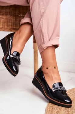 Sale Mokasyny Damskie Czarne Lakierowane Na Koturnie Abba Damskie Mokasyny Damskie Lakierowane