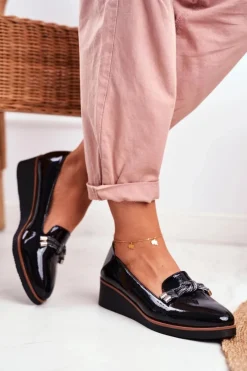 Sale Mokasyny Damskie Czarne Lakierowane Na Koturnie Abba Damskie Mokasyny Damskie Lakierowane