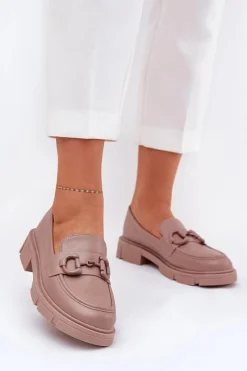 Online Mokasyny Damskie Eko Skórzane Z Ozdobnym Detalem Khaki Seftass Damskie Loafersy Damskie|Mokasyny Płaskie