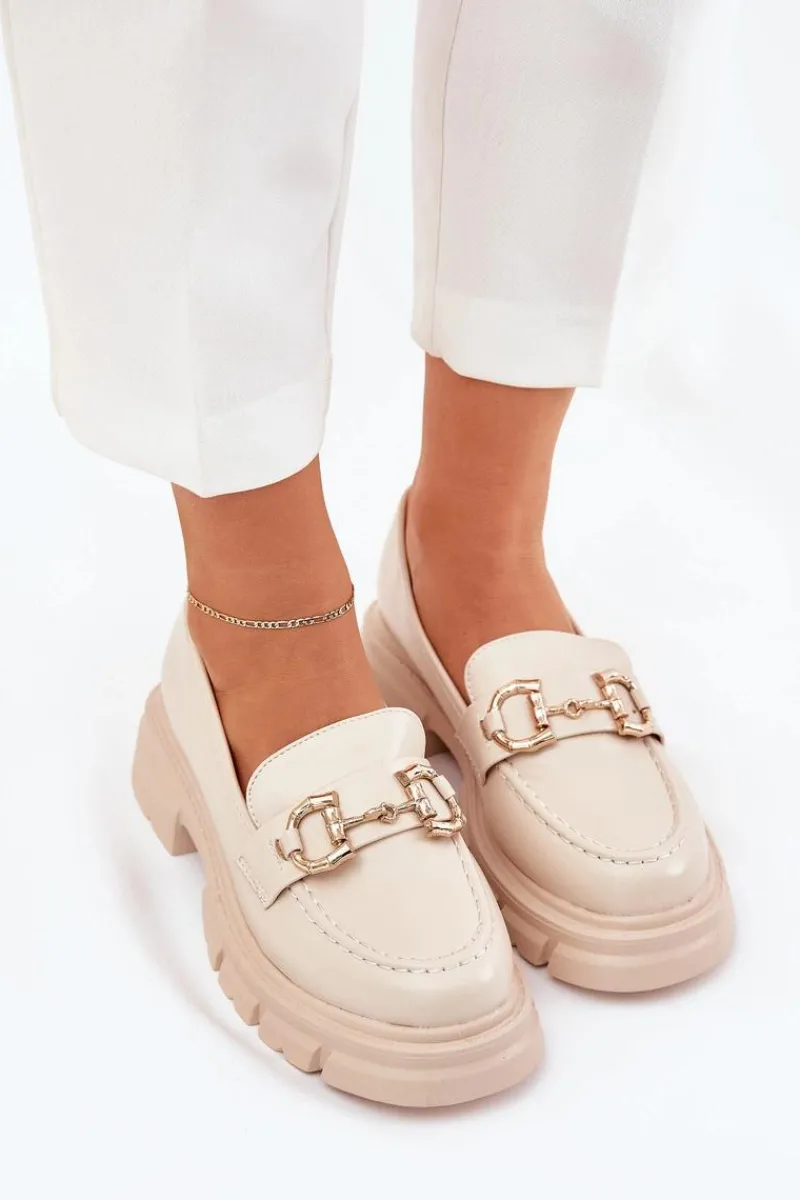 New Boto Mokasyny Damskie Eko Skórzane Ze Złotym Detalem Beżowe Ravalissea