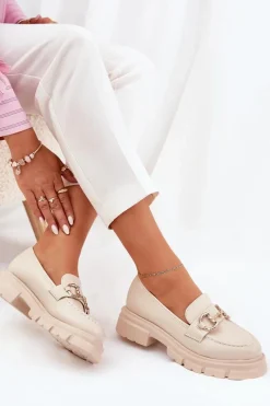 New Boto Mokasyny Damskie Eko Skórzane Ze Złotym Detalem Beżowe Ravalissea