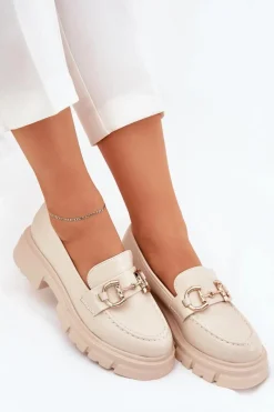 New Boto Mokasyny Damskie Eko Skórzane Ze Złotym Detalem Beżowe Ravalissea