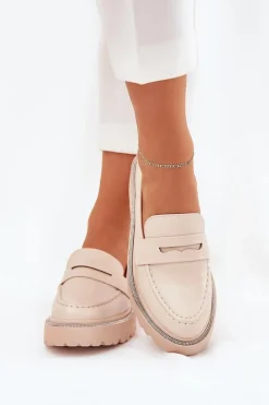 Mokasyny Płaskie|Mokasyny Damskie Skórzane>Boto Mokasyny Damskie Eko Skórzane Z Cyrkoniami Beżowe Wilamla Beżowy