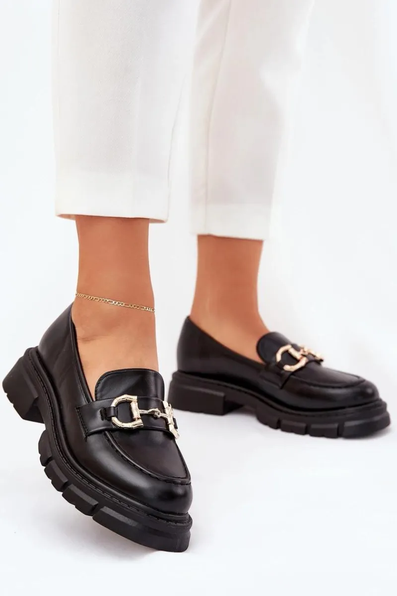 Mokasyny Płaskie|Mokasyny Damskie Skórzane>Boto Mokasyny Damskie Eko Skórzane Ze Złotym Detalem Czarne Ravalissea