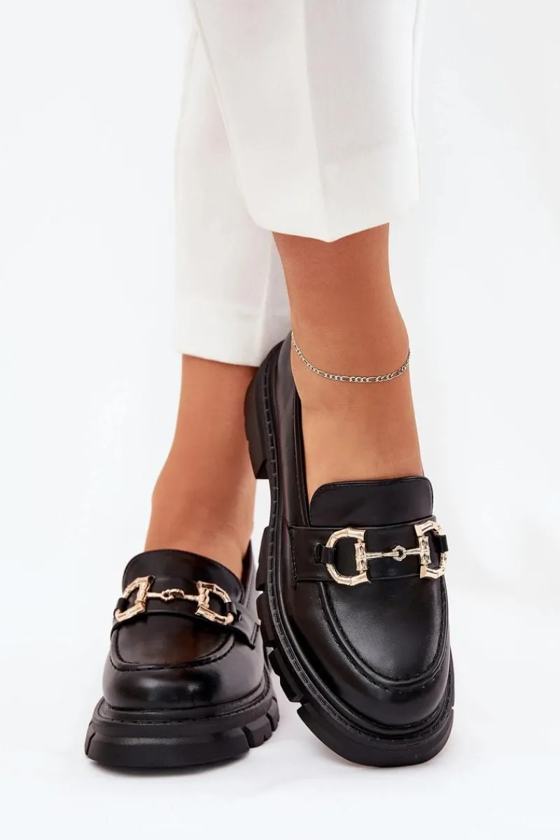 Mokasyny Płaskie|Mokasyny Damskie Skórzane>Boto Mokasyny Damskie Eko Skórzane Ze Złotym Detalem Czarne Ravalissea