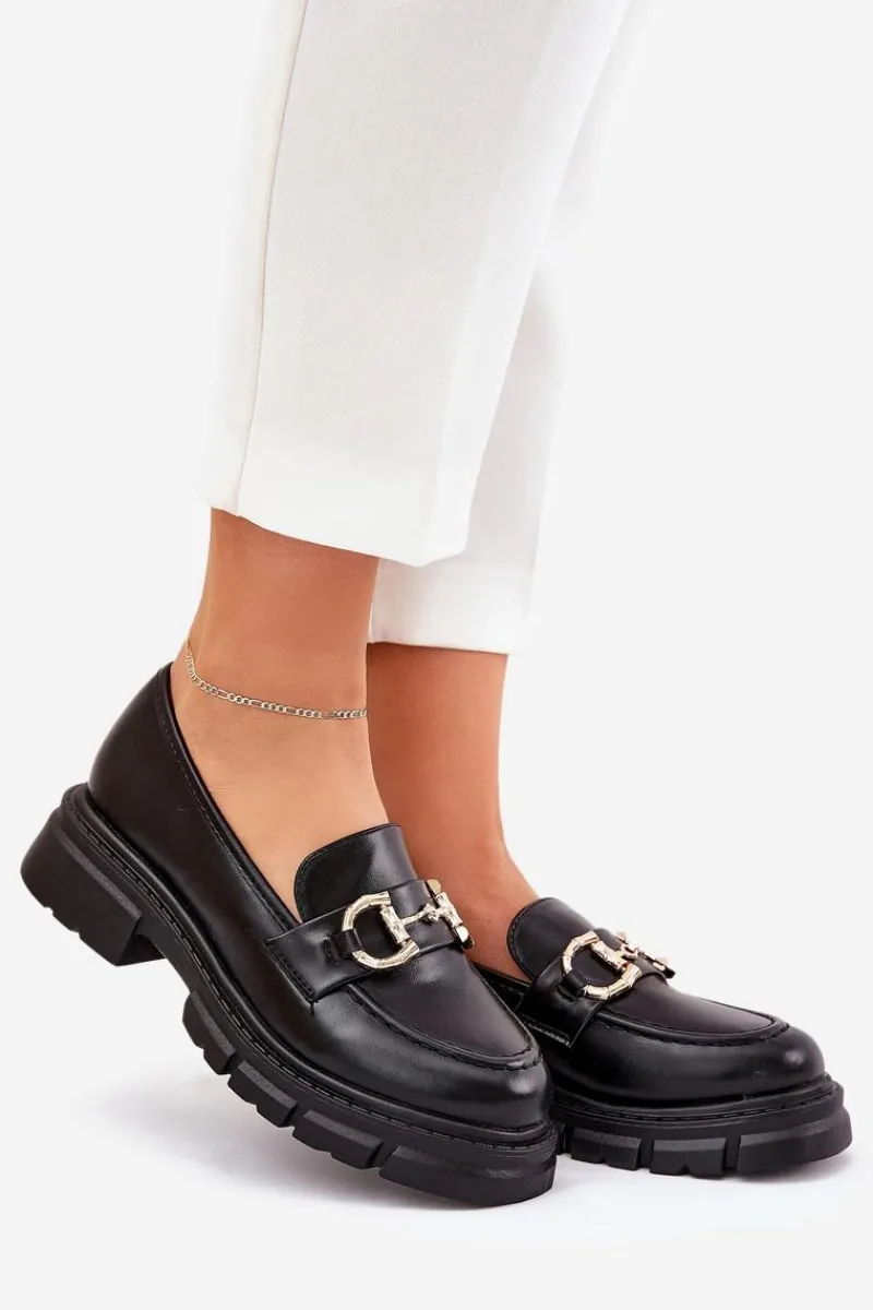 Mokasyny Płaskie|Mokasyny Damskie Skórzane>Boto Mokasyny Damskie Eko Skórzane Ze Złotym Detalem Czarne Ravalissea