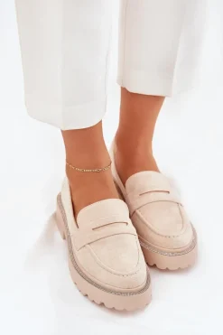 Mokasyny Płaskie|Mokasyny Damskie Skórzane>Boto Mokasyny Damskie Eko Zamszowe Z Cyrkoniami Beżowe Wilamla