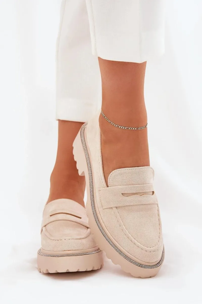 Mokasyny Płaskie|Mokasyny Damskie Skórzane>Boto Mokasyny Damskie Eko Zamszowe Z Cyrkoniami Beżowe Wilamla