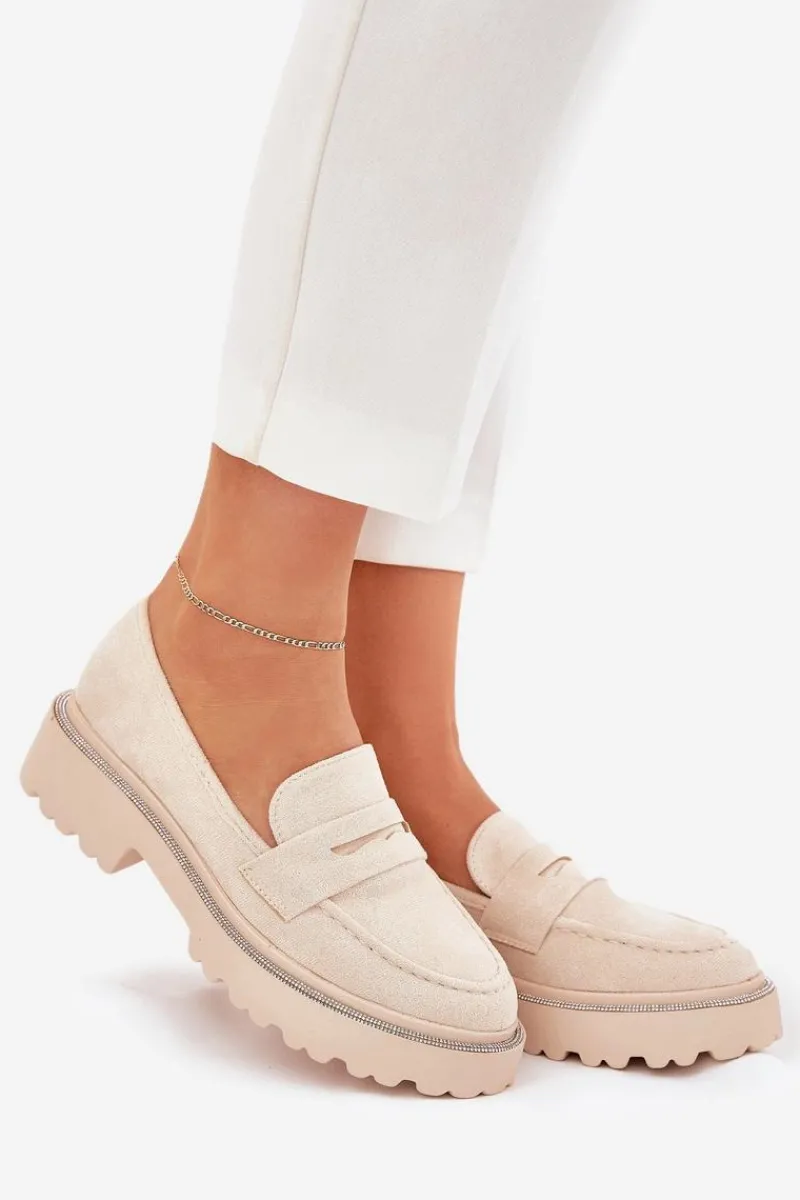 Mokasyny Płaskie|Mokasyny Damskie Skórzane>Boto Mokasyny Damskie Eko Zamszowe Z Cyrkoniami Beżowe Wilamla