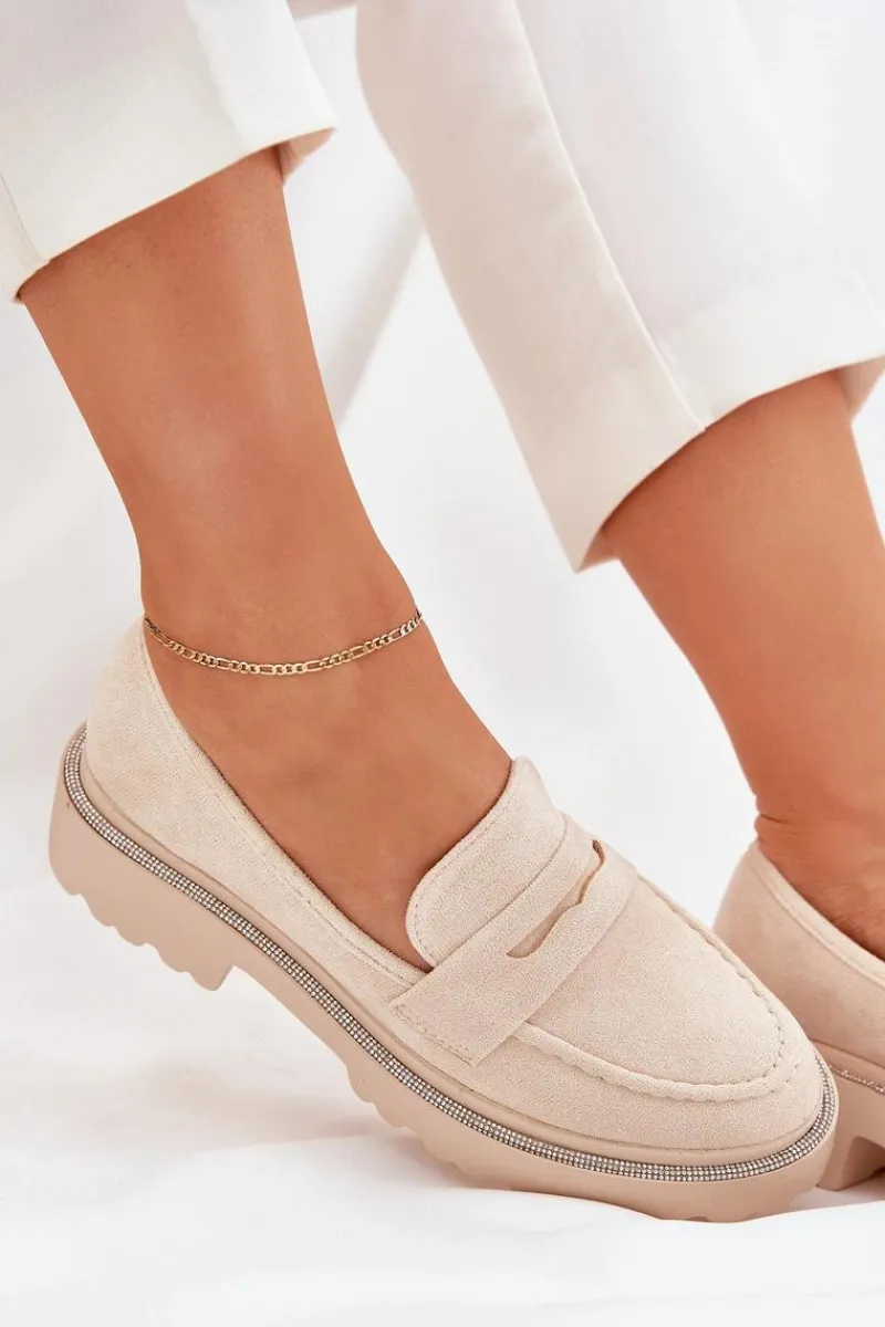 Mokasyny Płaskie|Mokasyny Damskie Skórzane>Boto Mokasyny Damskie Eko Zamszowe Z Cyrkoniami Beżowe Wilamla