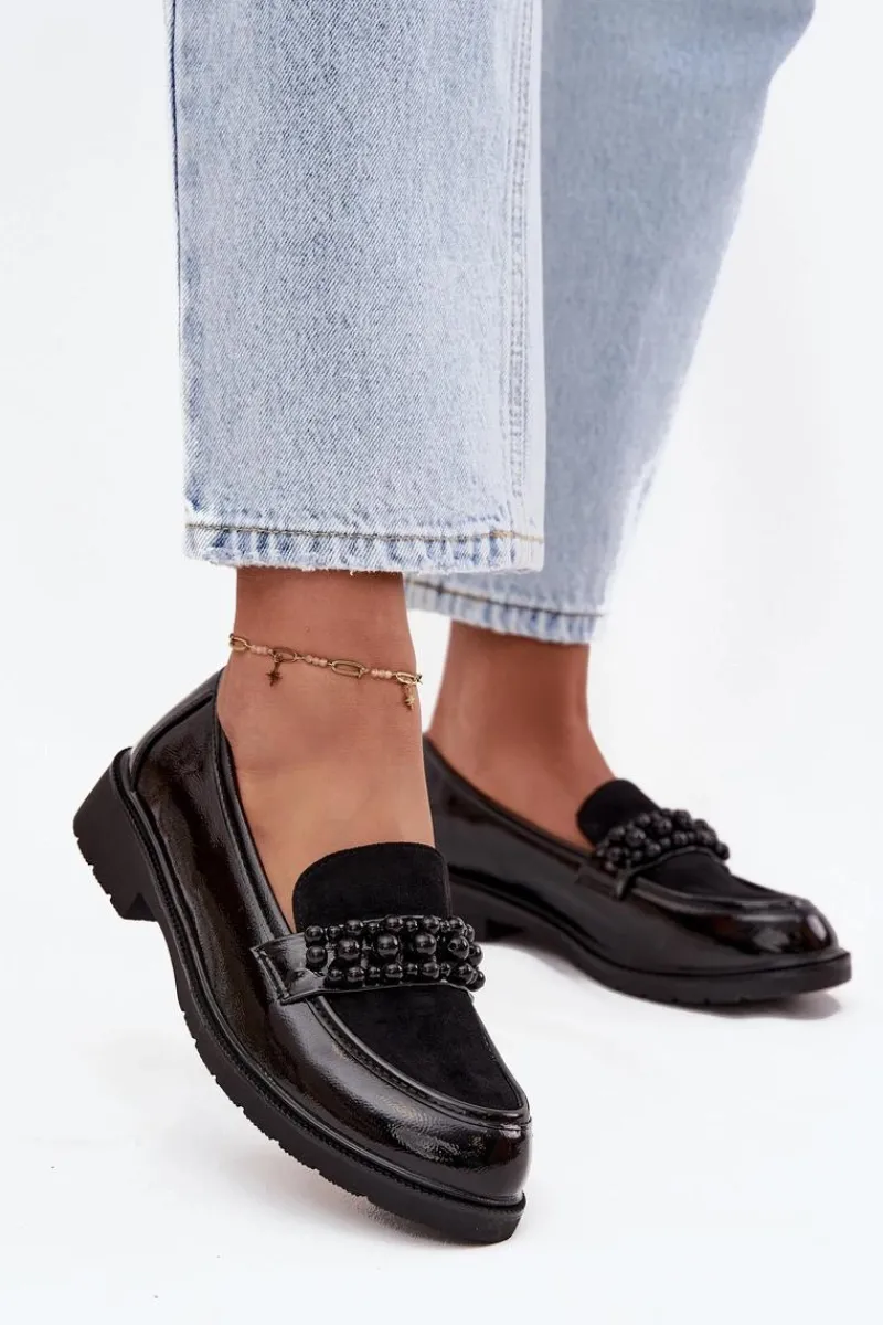 Clearance D&A Mokasyny Damskie Lakierowane Z Koralikami S.Barski HY52-541 Czarne Czarny