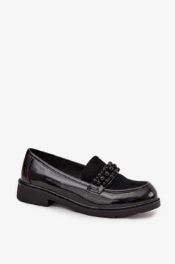 Clearance D&A Mokasyny Damskie Lakierowane Z Koralikami S.Barski HY52-541 Czarne Czarny