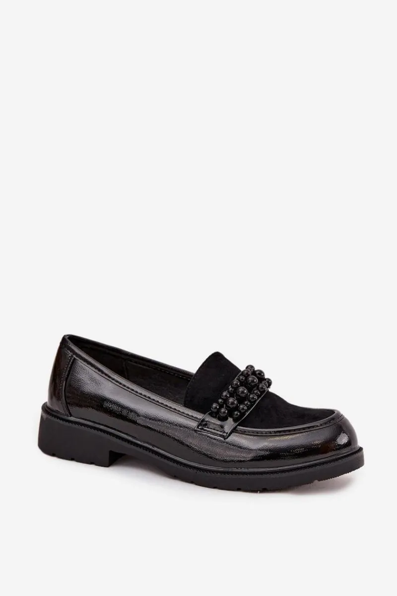 Clearance D&A Mokasyny Damskie Lakierowane Z Koralikami S.Barski HY52-541 Czarne Czarny