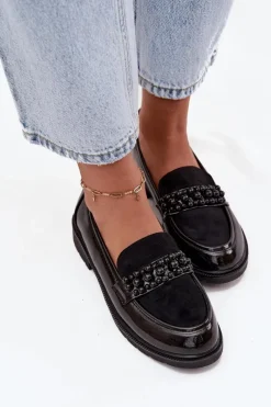 Clearance D&A Mokasyny Damskie Lakierowane Z Koralikami S.Barski HY52-541 Czarne Czarny