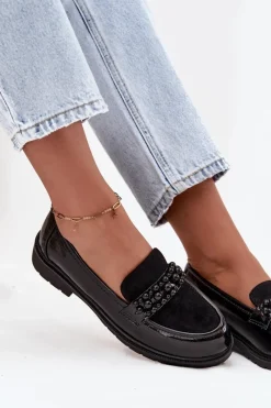 Clearance D&A Mokasyny Damskie Lakierowane Z Koralikami S.Barski HY52-541 Czarne Czarny