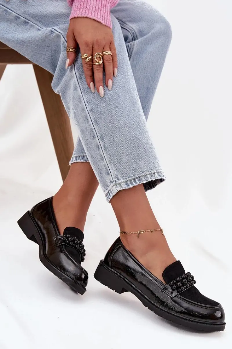 Clearance D&A Mokasyny Damskie Lakierowane Z Koralikami S.Barski HY52-541 Czarne Czarny