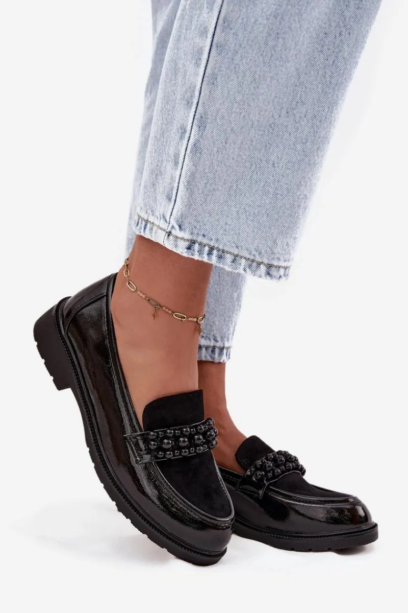 Clearance D&A Mokasyny Damskie Lakierowane Z Koralikami S.Barski HY52-541 Czarne Czarny