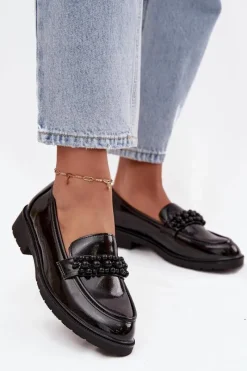 Best Mokasyny Damskie Lakierowane Z Koralikami S.Barski HY52-541 Czarne Damskie Mokasyny Płaskie|Mokasyny Damskie Lakierowane