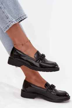 Best Mokasyny Damskie Lakierowane Z Koralikami S.Barski HY52-541 Czarne Damskie Mokasyny Płaskie|Mokasyny Damskie Lakierowane