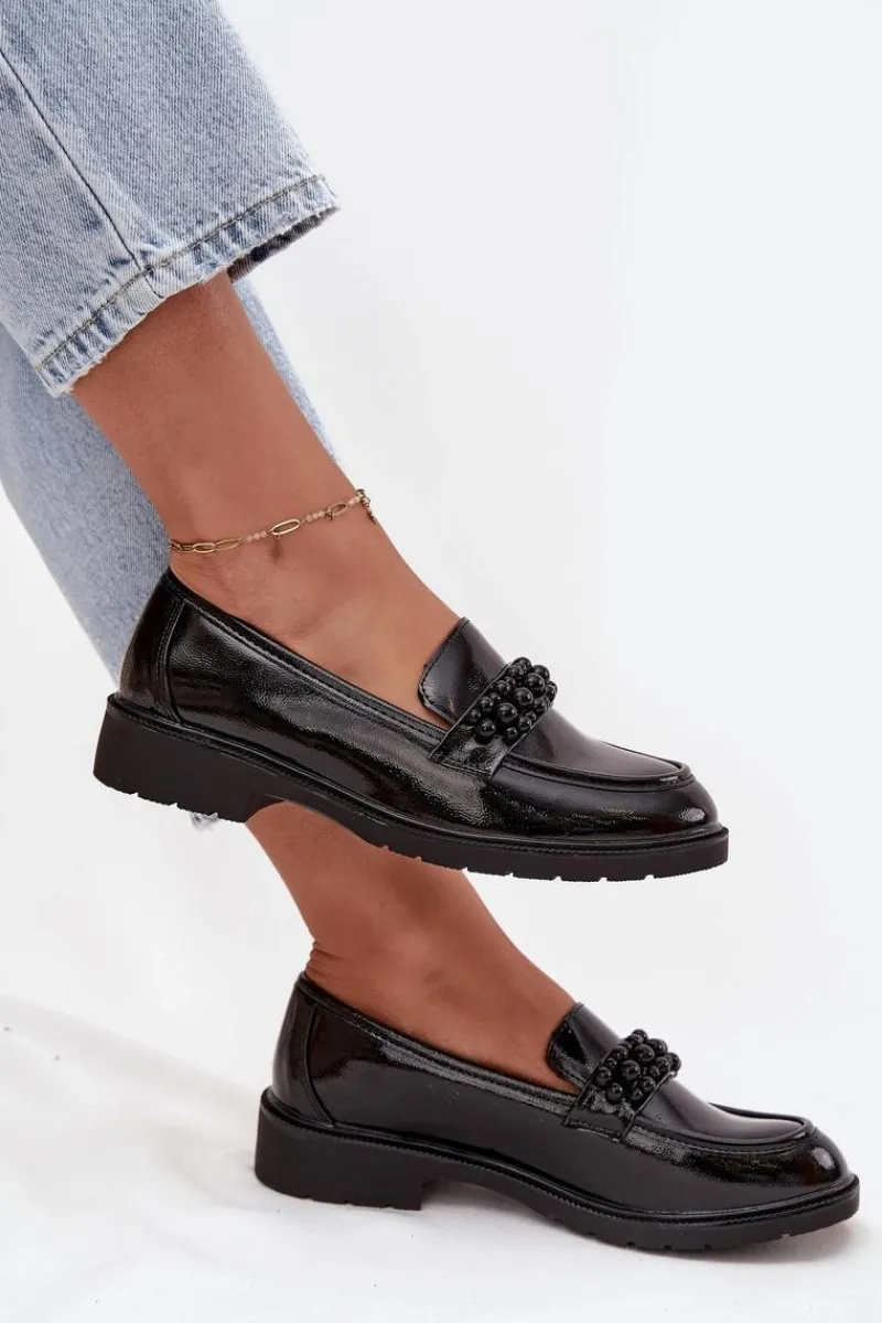 Best Mokasyny Damskie Lakierowane Z Koralikami S.Barski HY52-541 Czarne Damskie Mokasyny Płaskie|Mokasyny Damskie Lakierowane