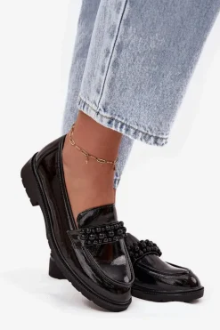 Best Mokasyny Damskie Lakierowane Z Koralikami S.Barski HY52-541 Czarne Damskie Mokasyny Płaskie|Mokasyny Damskie Lakierowane