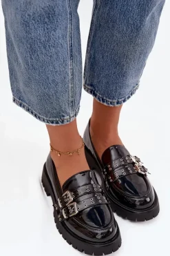 Online Boto Mokasyny Damskie Lakierowane Z Paskami I Srebrnymi Klamrami Czarne Gabrisse