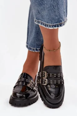 Online Boto Mokasyny Damskie Lakierowane Z Paskami I Srebrnymi Klamrami Czarne Gabrisse