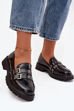 Online Boto Mokasyny Damskie Lakierowane Z Paskami I Srebrnymi Klamrami Czarne Gabrisse