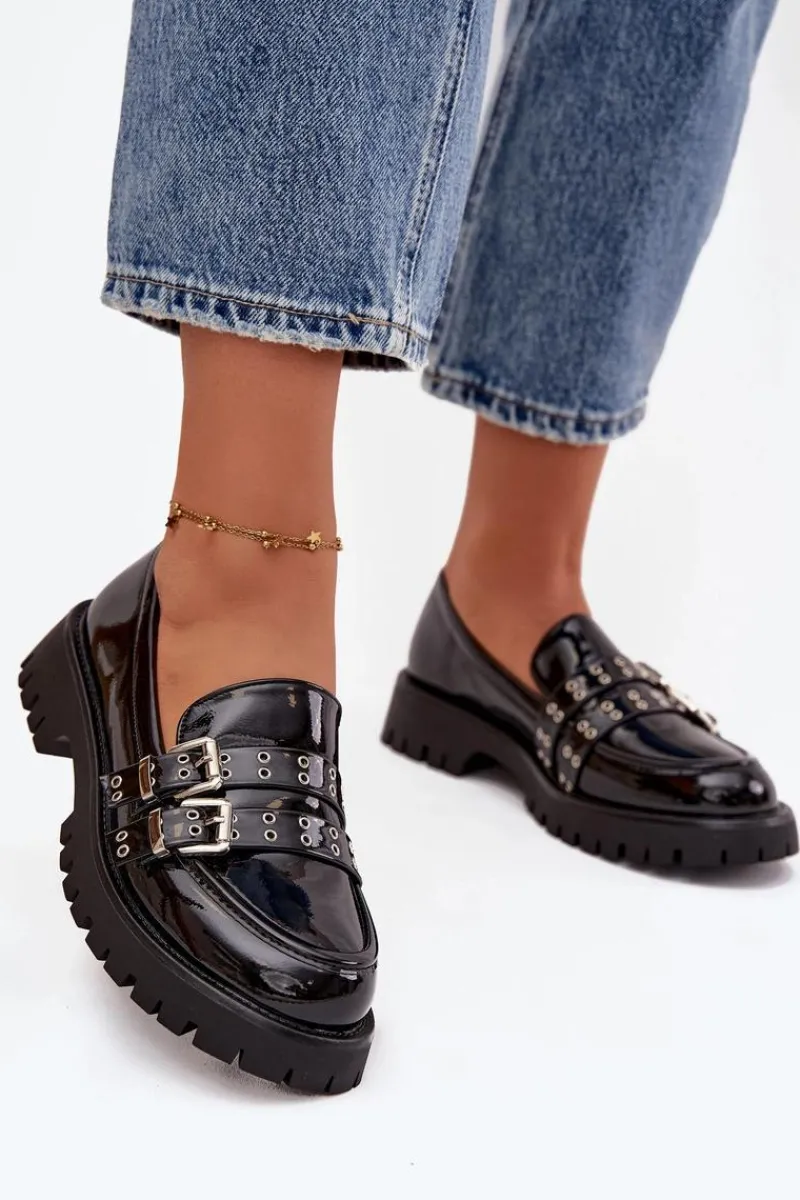 Online Boto Mokasyny Damskie Lakierowane Z Paskami I Srebrnymi Klamrami Czarne Gabrisse