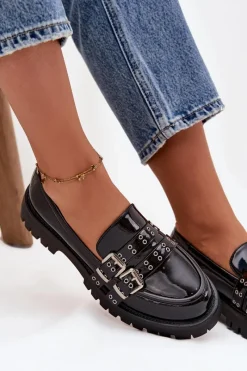 Online Boto Mokasyny Damskie Lakierowane Z Paskami I Srebrnymi Klamrami Czarne Gabrisse