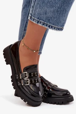 Online Boto Mokasyny Damskie Lakierowane Z Paskami I Srebrnymi Klamrami Czarne Gabrisse