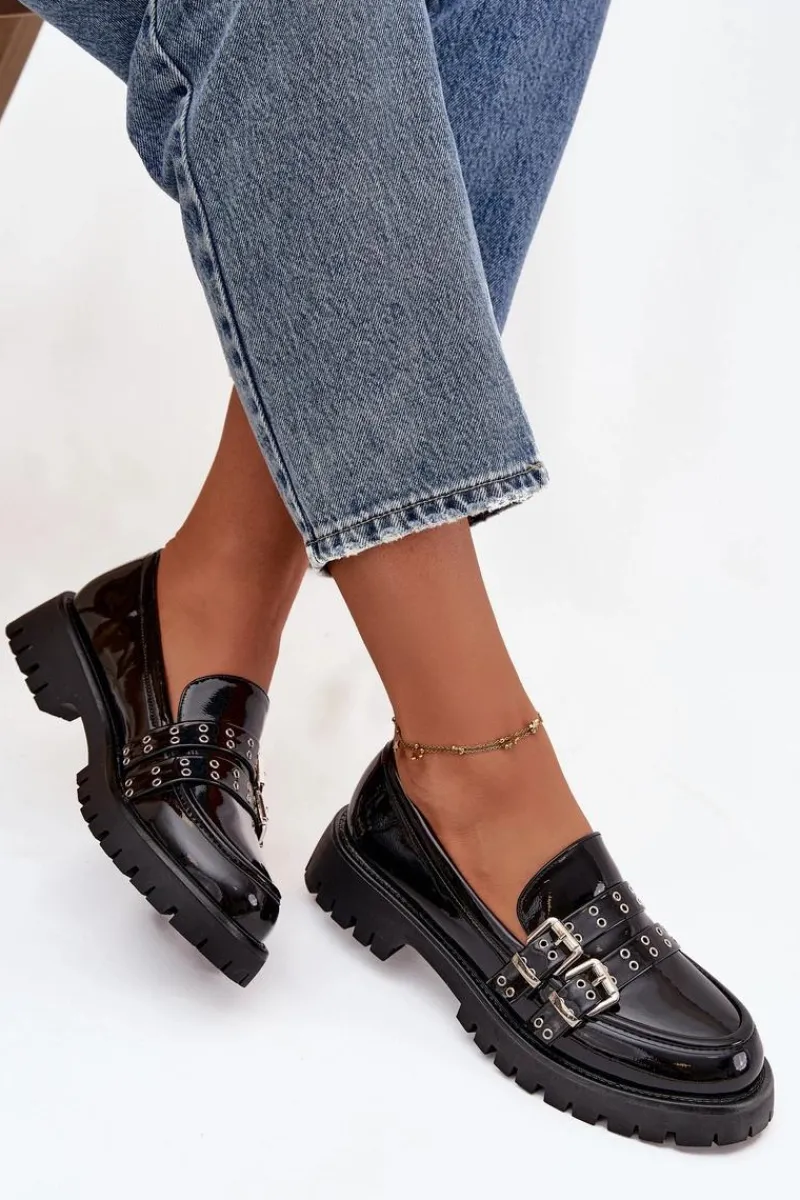 Online Boto Mokasyny Damskie Lakierowane Z Paskami I Srebrnymi Klamrami Czarne Gabrisse