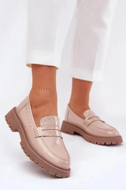 Online Mokasyny Damskie Lakierowane Ze Zdobieniem Beżowe Nallae Damskie Loafersy Damskie|Mokasyny Płaskie