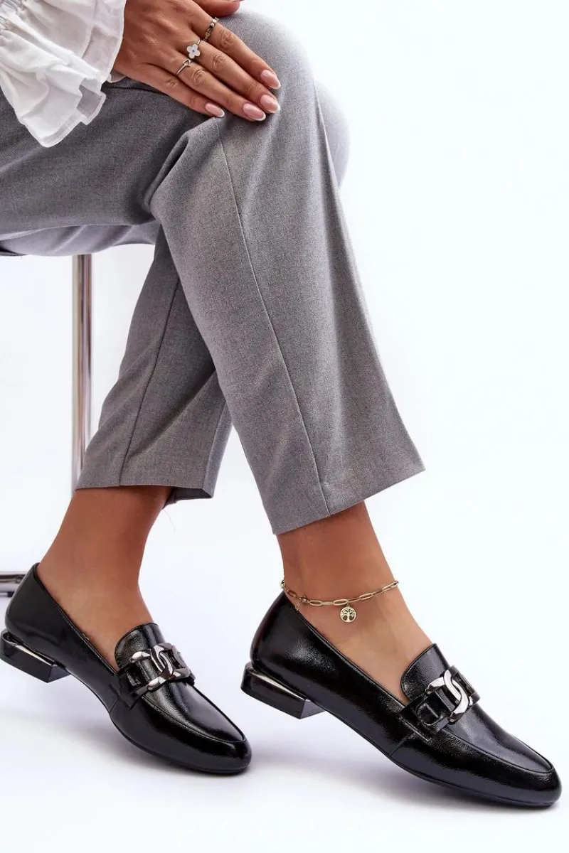 Buty Sergio Leone Mokasyny Damskie Lakierowane Z Ozdobą Czarne Camilena Czarny