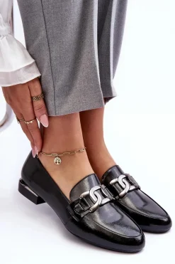 Buty Sergio Leone Mokasyny Damskie Lakierowane Z Ozdobą Czarne Camilena Czarny