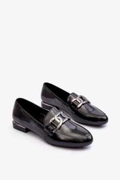 Buty Sergio Leone Mokasyny Damskie Lakierowane Z Ozdobą Czarne Camilena Czarny