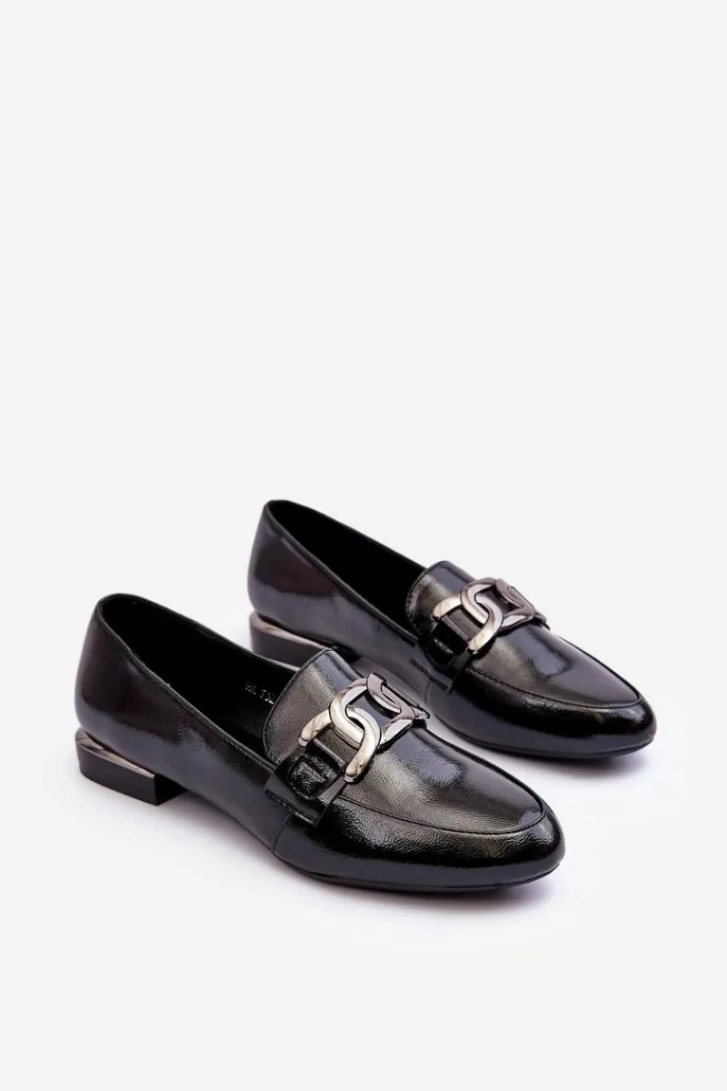 Buty Sergio Leone Mokasyny Damskie Lakierowane Z Ozdobą Czarne Camilena Czarny