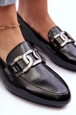 Buty Sergio Leone Mokasyny Damskie Lakierowane Z Ozdobą Czarne Camilena Czarny