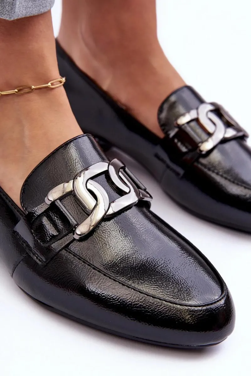 Buty Sergio Leone Mokasyny Damskie Lakierowane Z Ozdobą Czarne Camilena Czarny