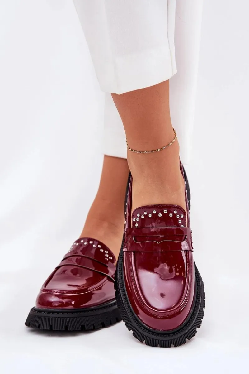 New Boto Mokasyny Damskie Lakierowane Ze Zdobieniem Bordowe Nallae Czerwony
