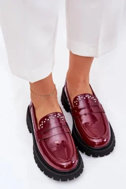 New Boto Mokasyny Damskie Lakierowane Ze Zdobieniem Bordowe Nallae Czerwony