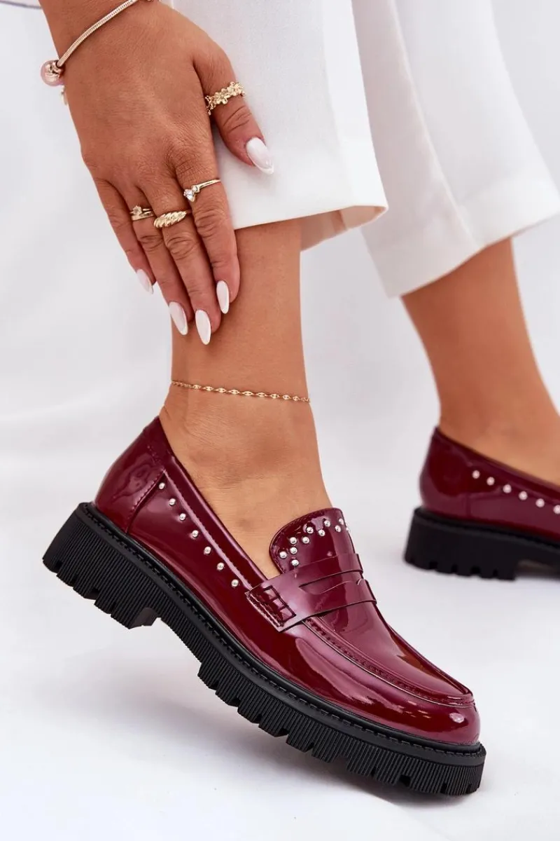 New Boto Mokasyny Damskie Lakierowane Ze Zdobieniem Bordowe Nallae Czerwony