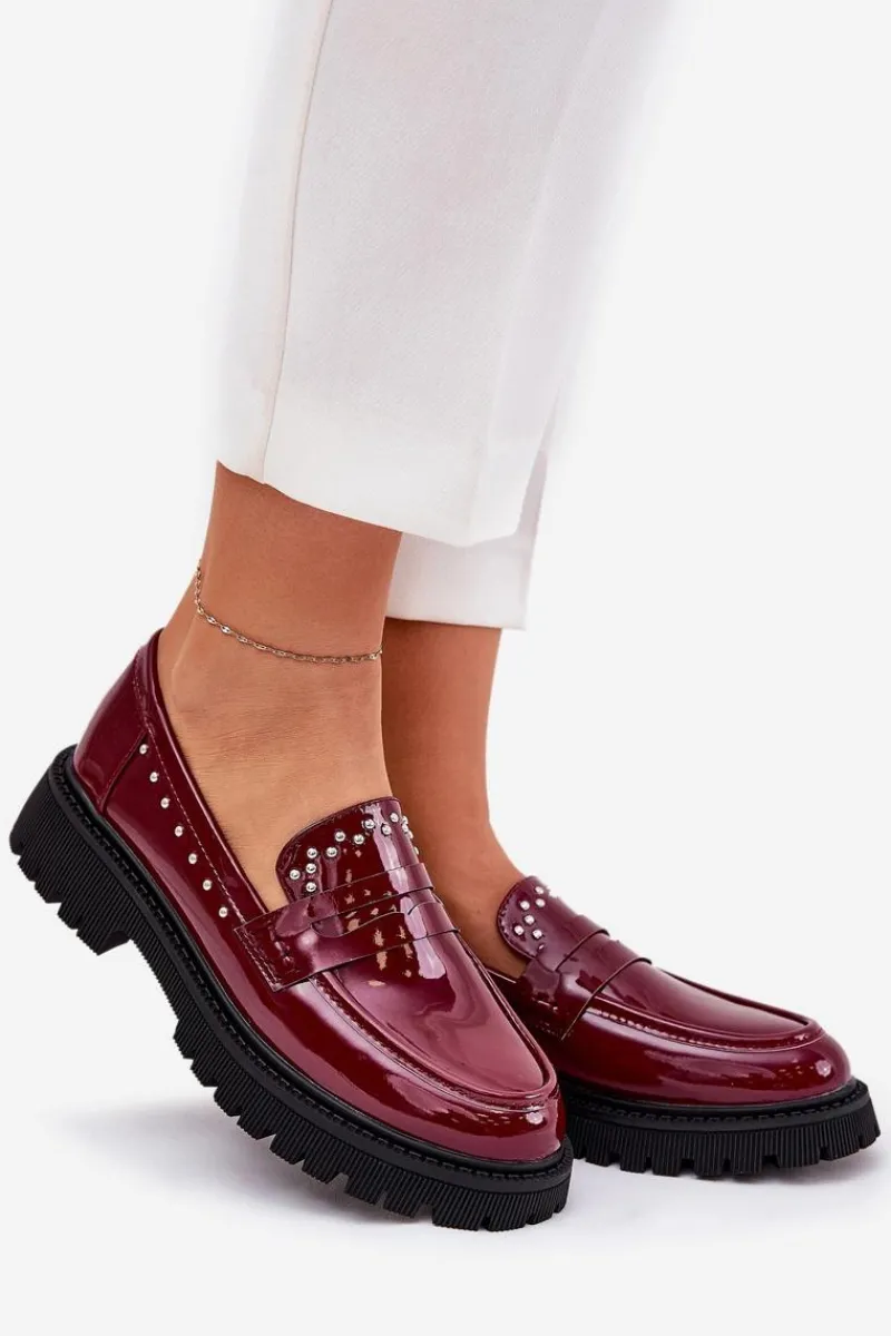 New Boto Mokasyny Damskie Lakierowane Ze Zdobieniem Bordowe Nallae Czerwony