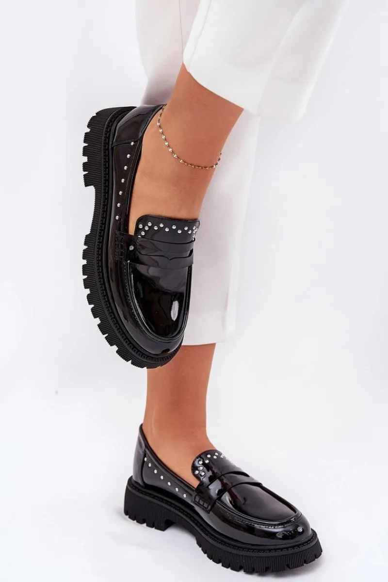 Loafersy Damskie|Mokasyny Płaskie>Boto Mokasyny Damskie Lakierowane Ze Zdobieniem Czarne Nallae Czarny