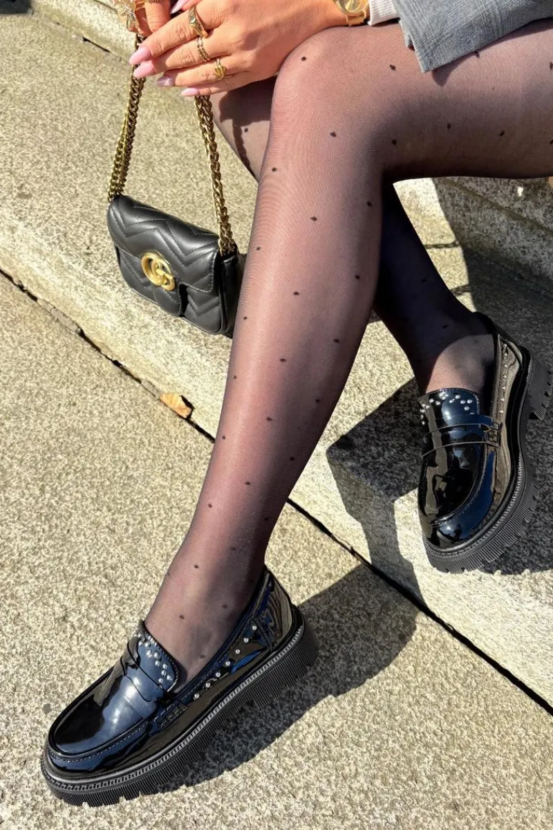 Loafersy Damskie|Mokasyny Płaskie>Boto Mokasyny Damskie Lakierowane Ze Zdobieniem Czarne Nallae Czarny