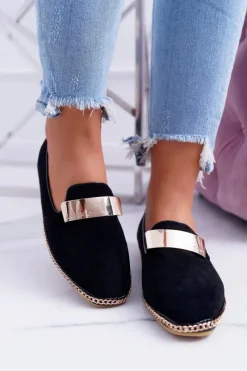 Online Boto Mokasyny Damskie Lu Boo Czarne Złoty Łańcuch Panama