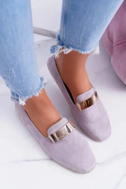 Clearance Mokasyny Damskie Lu Boo Szare Złoty Łańcuch Panama Damskie Mokasyny Damskie Zamszowe